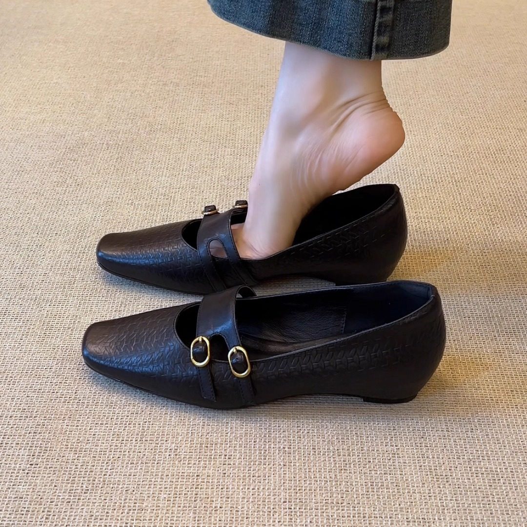 nnmiss/3.5cm小众设计感方头浅口双扣带单鞋复古百搭通勤小皮鞋