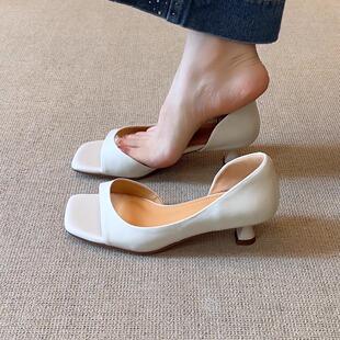 复古风气质方头细跟简约百搭露趾高跟凉鞋 nnmiss 4.5cm法式