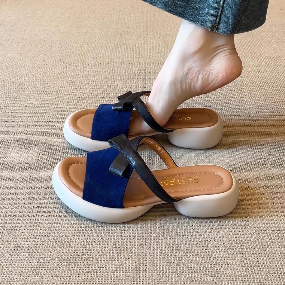 百搭厚底粗跟蝴蝶结一字拖鞋
