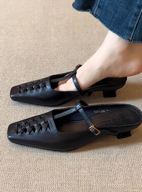 nnmiss·34-39/3.5cm复古编织方头穆勒鞋百搭T型带包头外穿凉拖鞋