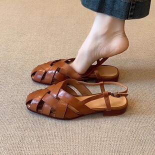 nnmiss 2cm轻著复古风圆头编织镂空后绊带低跟包头罗马凉鞋