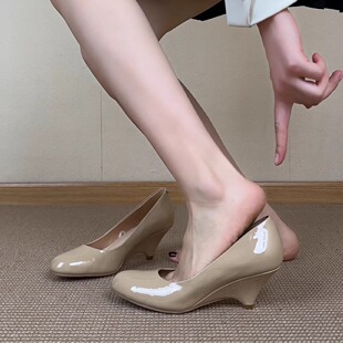 法式 NNMISS·34 圆头坡跟浅口单鞋 6cm时尚 交叉绑带百搭玛丽珍