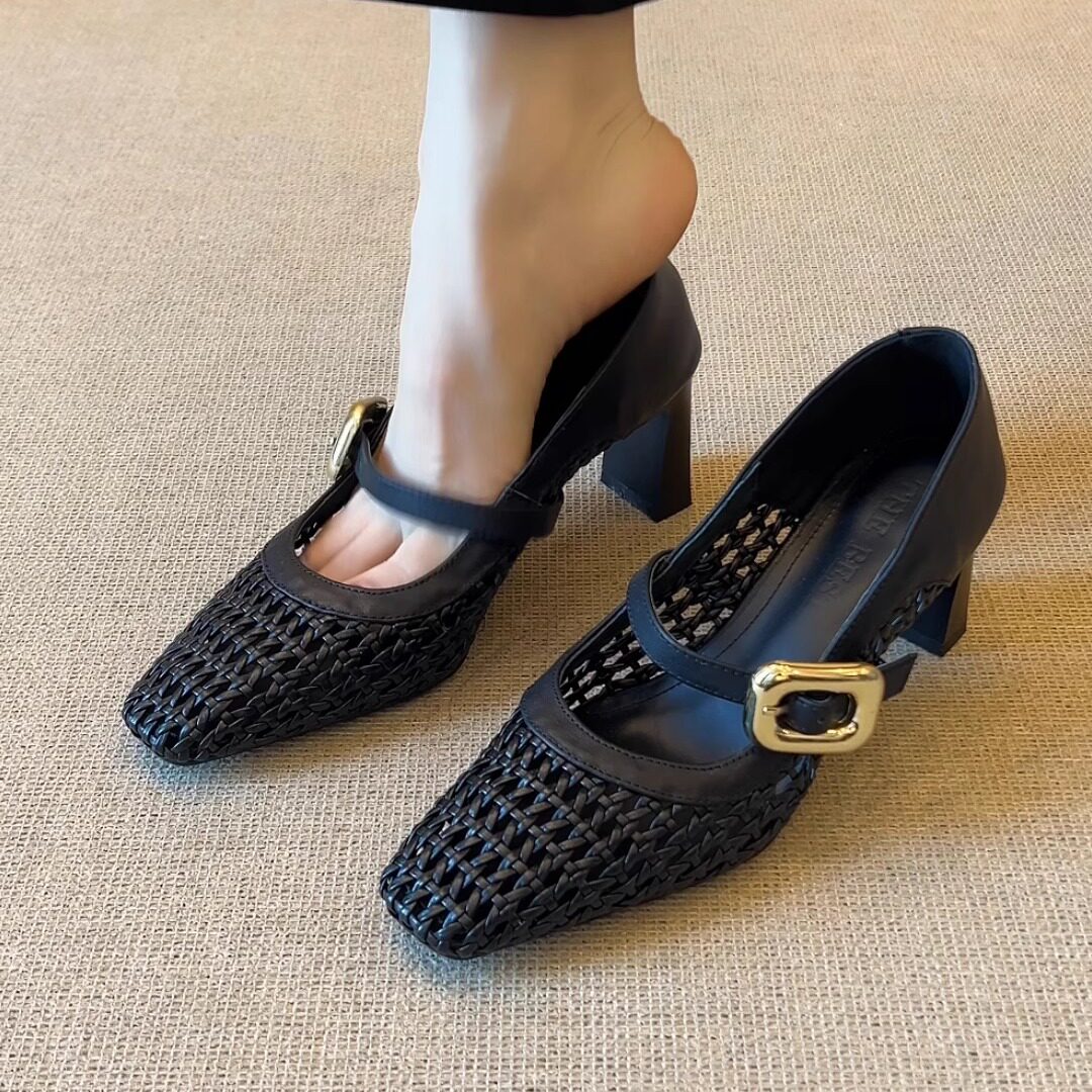 nnmiss/7cm小个子高跟复古方头编织镂空凉鞋一字带浅口粗跟单鞋