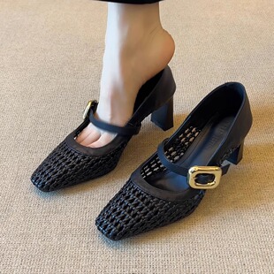 一字带浅口粗跟单鞋 nnmiss 7cm小个子高跟复古方头编织镂空凉鞋