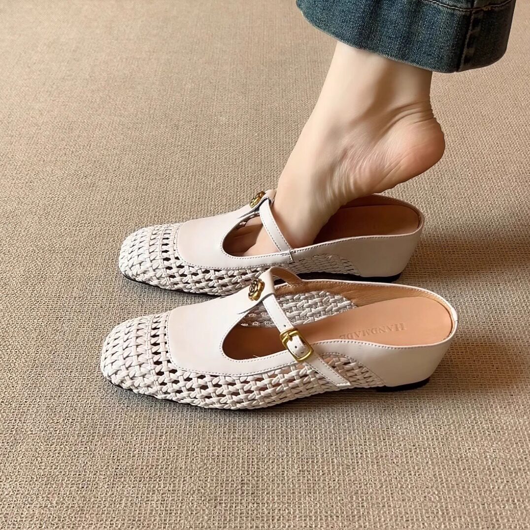 nnmiss/6cm复古编织镂空山茶花包头凉鞋百搭通勤丁字扣带外穿拖鞋
