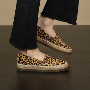 NNMISS·34-39/3.5cm内增高草编底渔夫鞋复古小众圆头豹纹乐福鞋