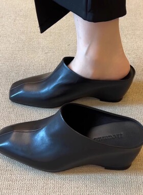 nnmiss·34-39/6.5cm复古斜方头坡跟穆勒鞋懒人外穿时尚包头拖鞋