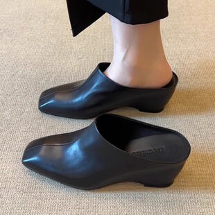 包头拖鞋 nnmiss·34 懒人外穿时尚 6.5cm复古斜方头坡跟穆勒鞋