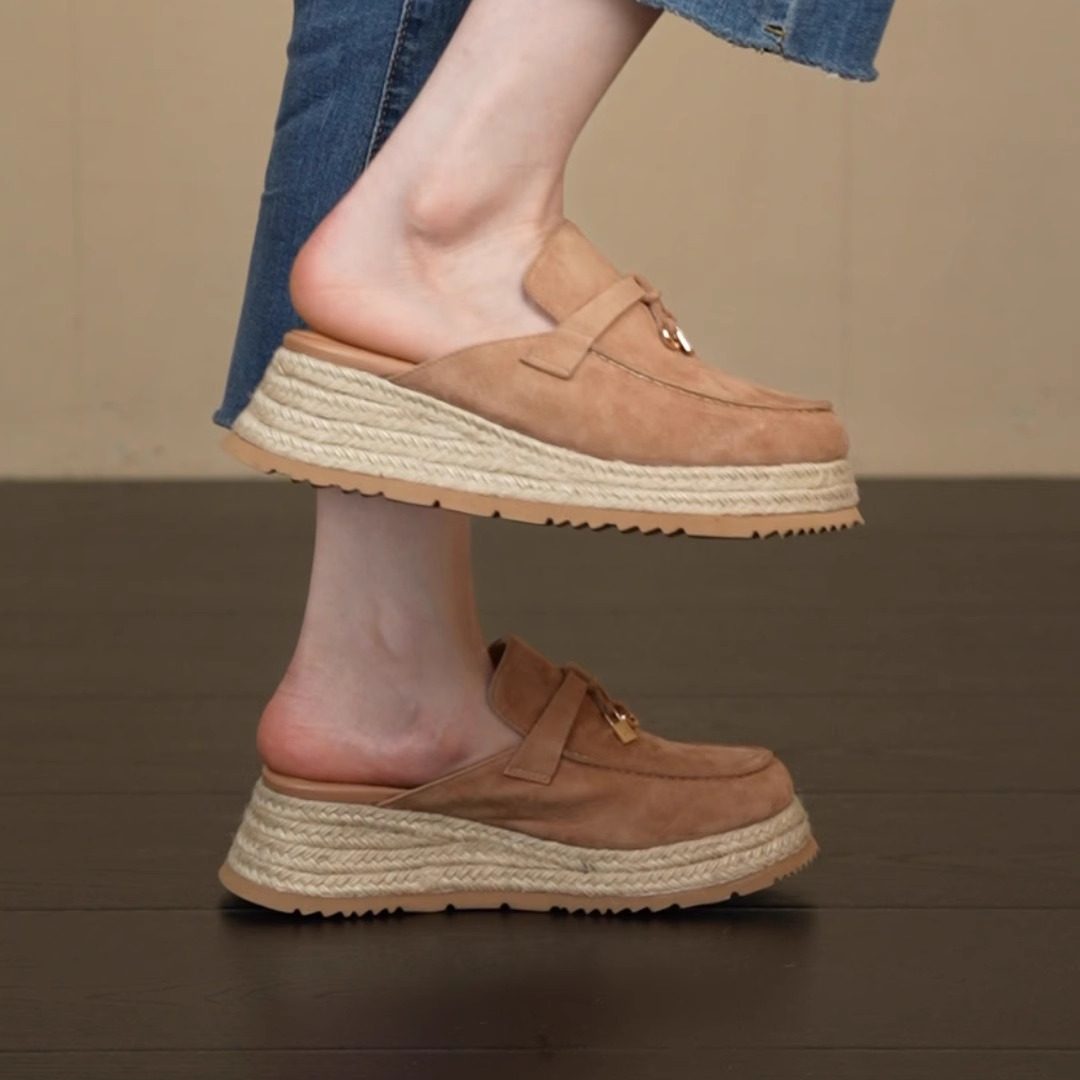 nnmiss/5cm草编厚底坡跟乐福鞋百搭圆头金属挂饰松糕底包头半拖