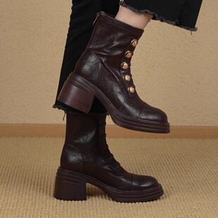 nnmiss 7cm小个子圆头纽扣徽章松紧带短筒粗跟瘦瘦弹力靴