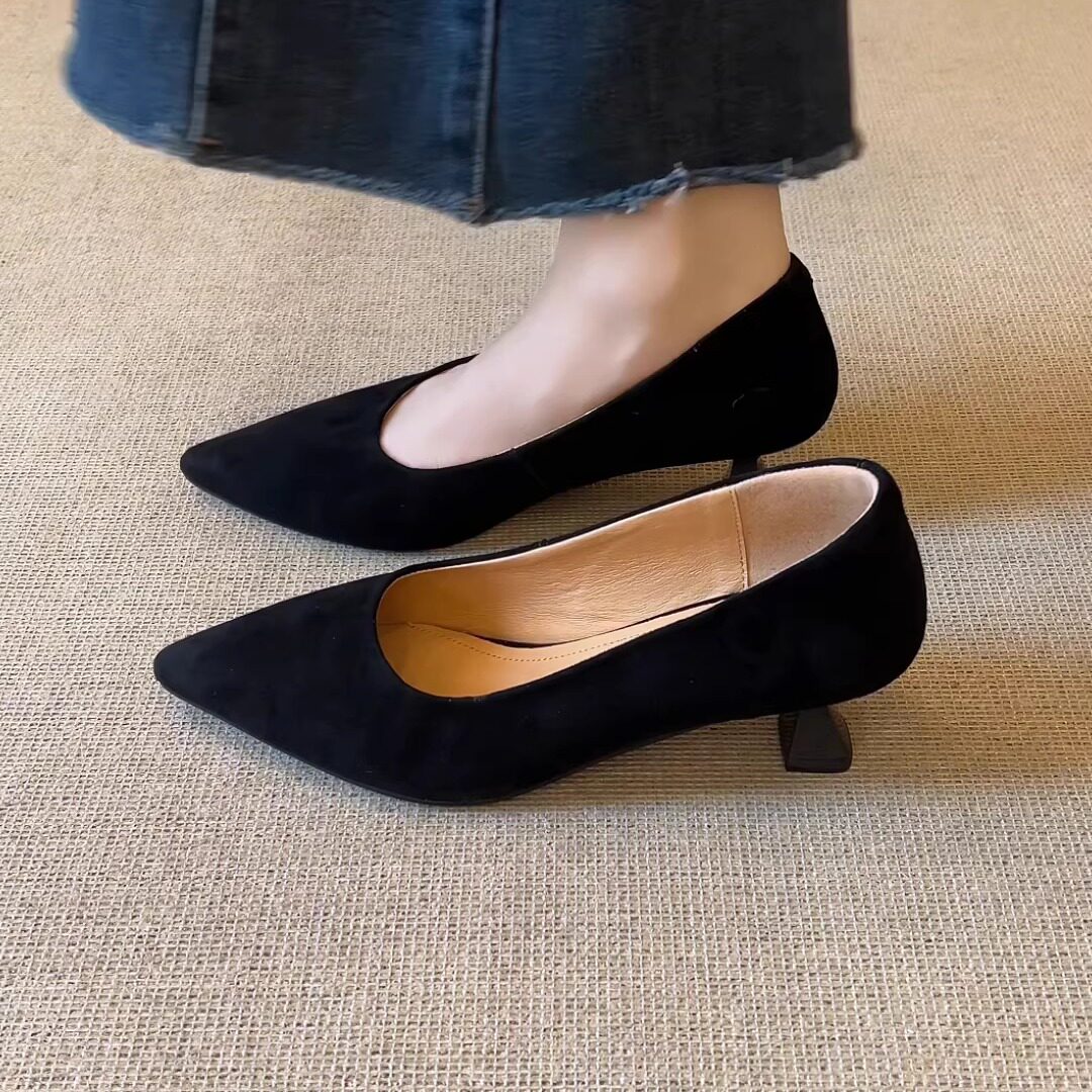 nnmiss/5cm法式极简风尖头浅口单鞋百搭通勤一脚蹬粗跟气质高跟鞋