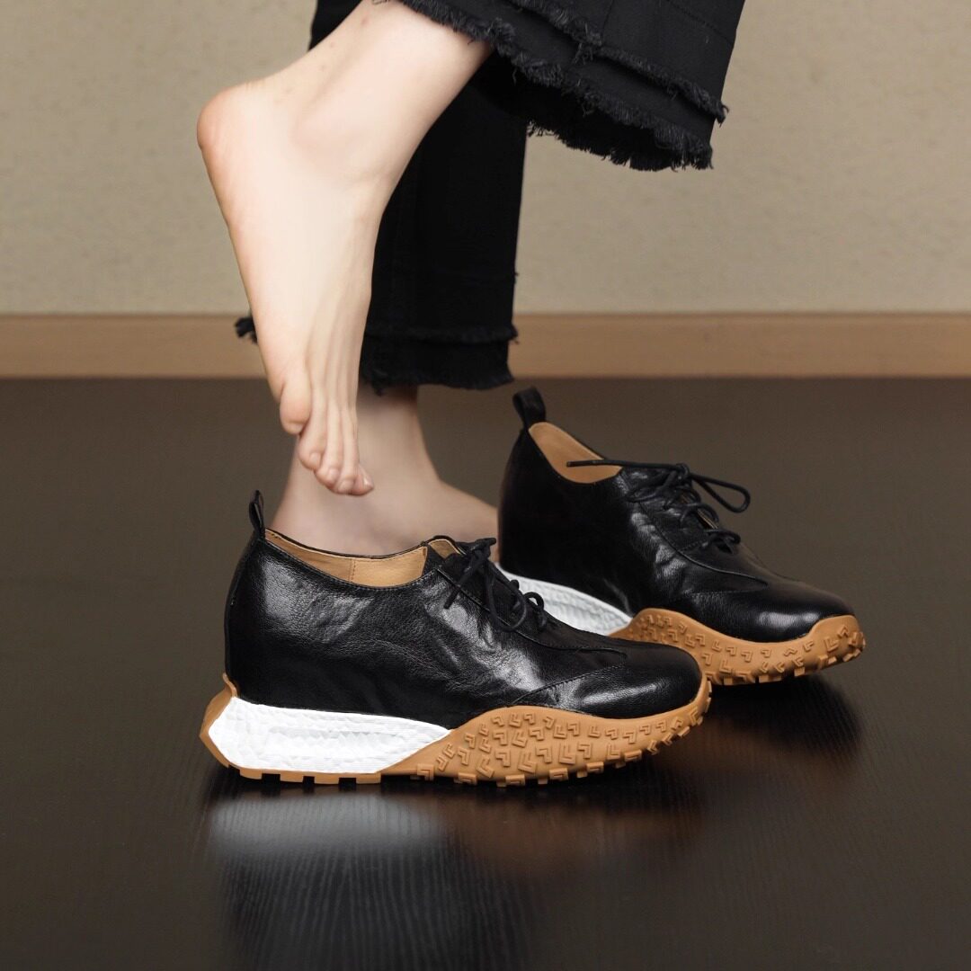 休闲拼色系带小皮鞋小个子单鞋