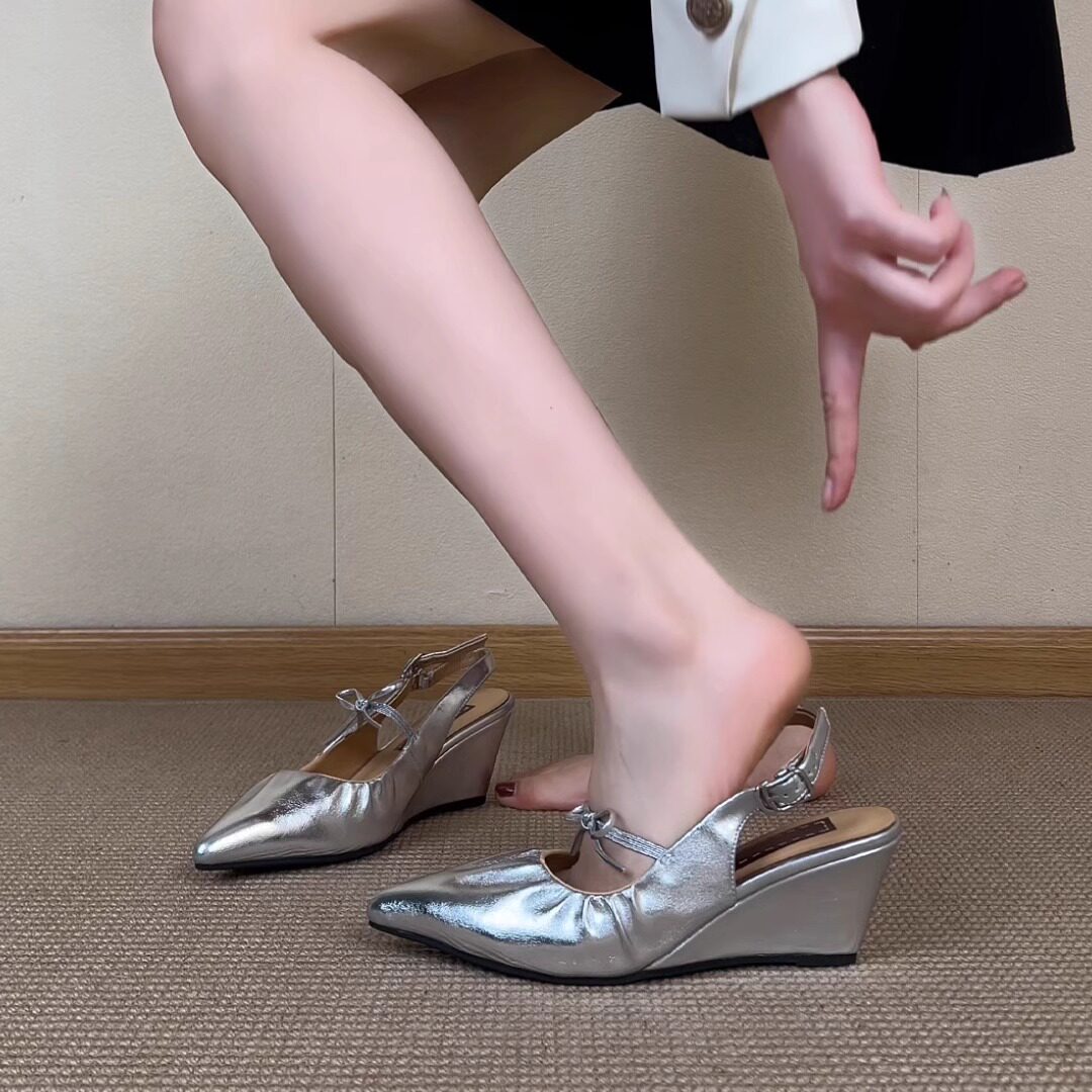 nnmiss·34-40/6.5cm法式尖头褶皱浅口蝴蝶结后绊带坡跟包头凉鞋