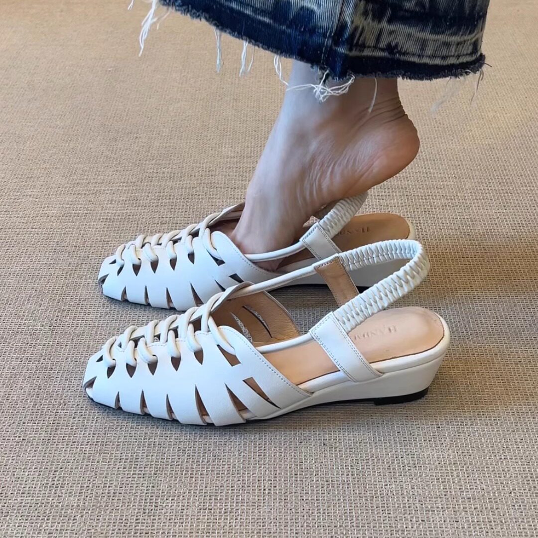 nnmiss/5cm简约百搭法式圆头罗马凉鞋镂空交叉带坡跟包头后空凉鞋