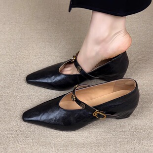 方头山茶花一字带玛丽珍复古粗跟浅口单鞋 5cm法式 nnmiss·34