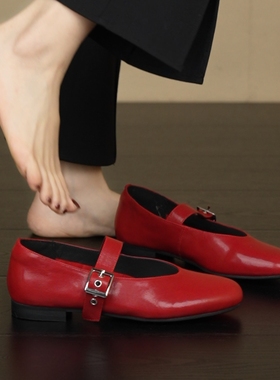 NNMISS·34-39/1.5cm法式头层羊皮圆头浅口一字扣带平底玛丽珍鞋