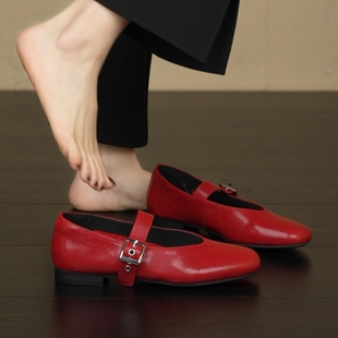 头层羊皮圆头浅口一字扣带平底玛丽珍鞋 1.5cm法式 NNMISS·34