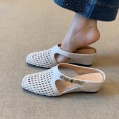 百搭金属外穿露趾拖鞋 时尚 5.5cm内增高方头编织镂空凉鞋 nnmiss