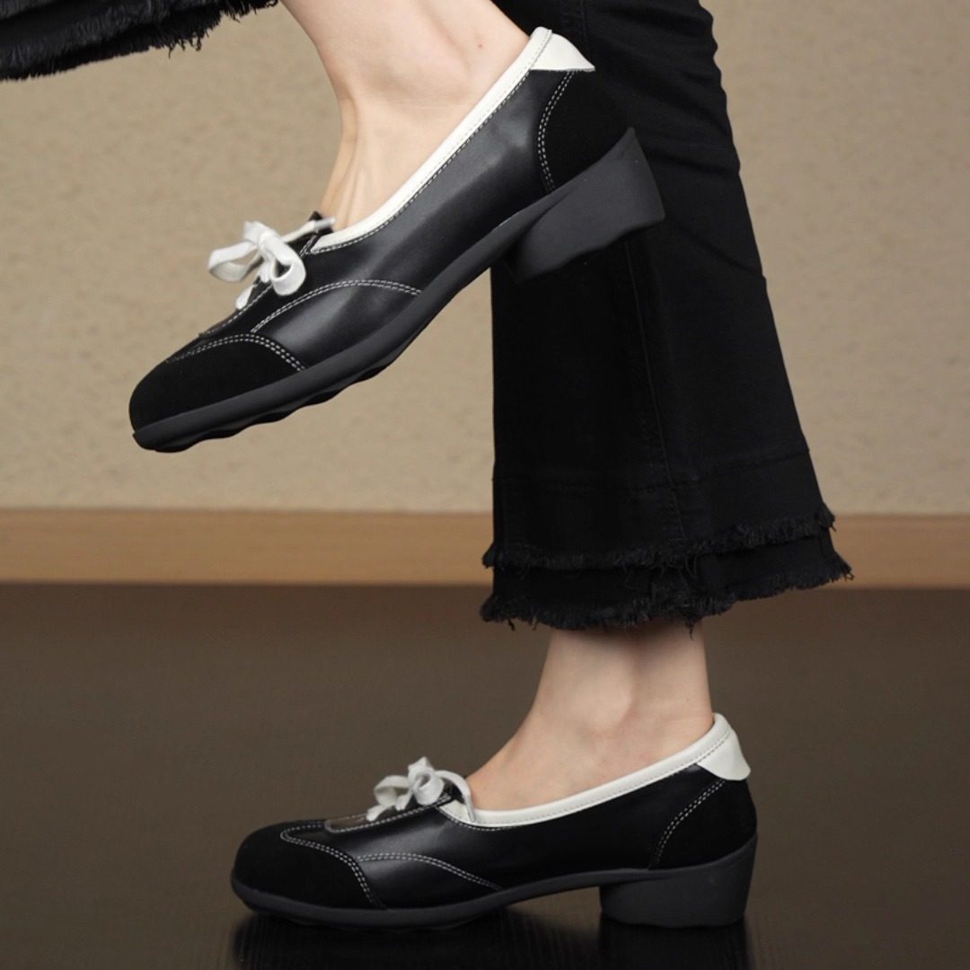 nnmiss/4cm小众拼接拼色圆头系带粗跟休闲日常一脚蹬舒适中口单鞋