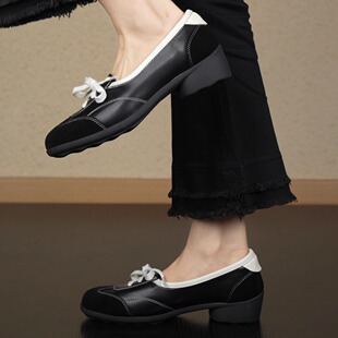 nnmiss 4cm小众拼接拼色圆头系带粗跟休闲日常一脚蹬舒适中口单鞋