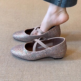 百搭浅口单鞋 nnmiss 5cm内增高小众简约圆头编织交叉带时尚