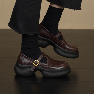 6cm圆头浅口丁字扣带复古头层羊皮运动厚底乐福鞋 NNMISS·34