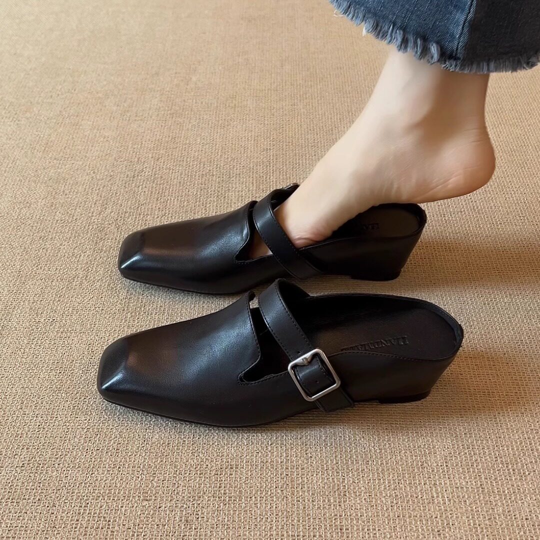 nnmiss34-39/5.5cm简约方头皮带扣坡跟穆勒鞋百搭包头外穿凉拖鞋