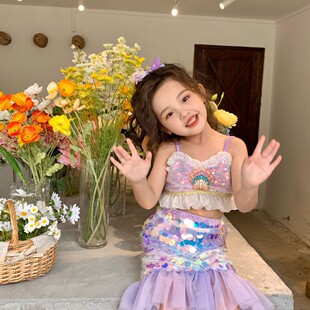 儿童爱丽儿美人鱼服装鱼尾巴亮片鳞片贝壳吊带公主裙鱼尾裙套装