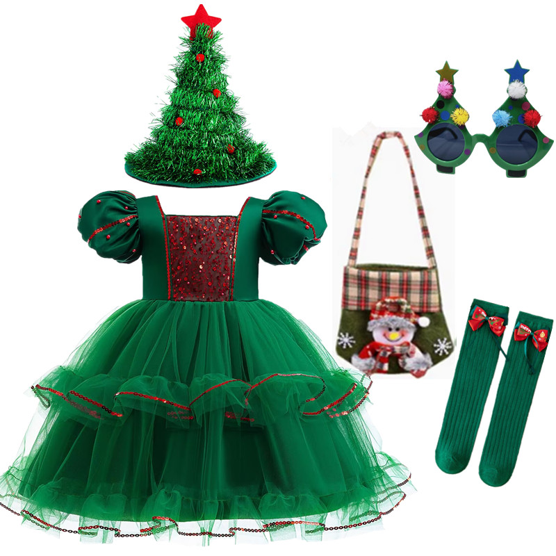 外贸圣诞绿色精灵节日款圣诞树裙儿童蛋糕泡泡袖钉珠网纱连衣裙子