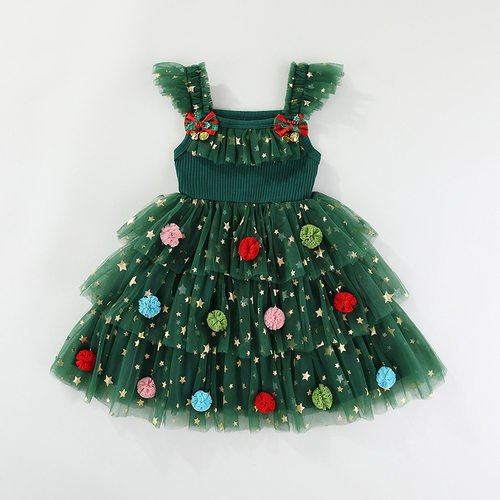 欧美圣诞节日礼服女童圣诞连衣裙网纱裙圣诞节裙Christmas Dress