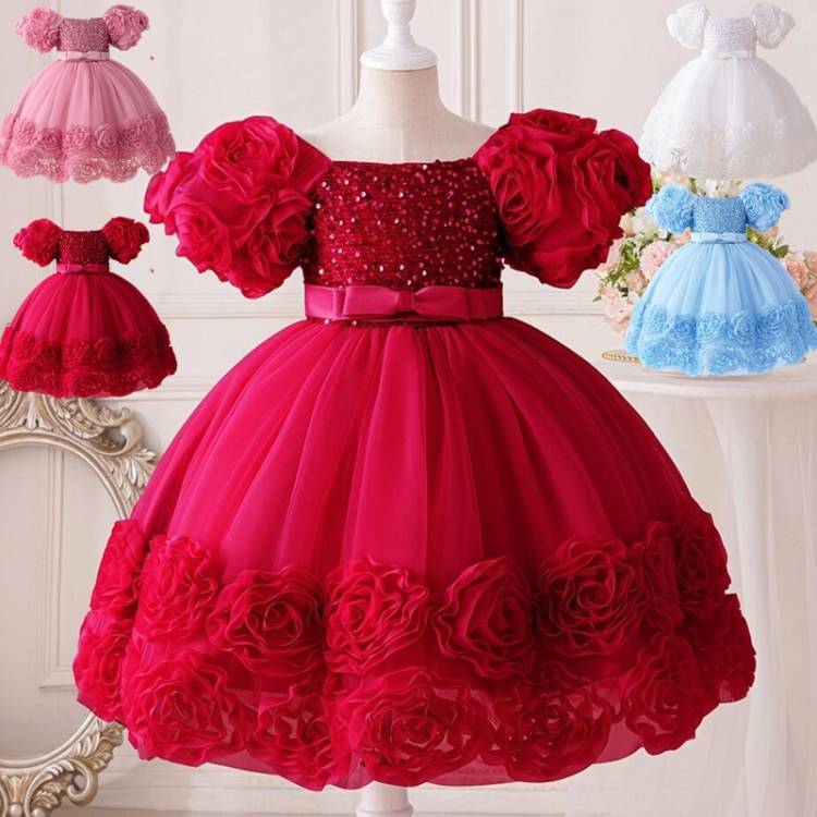 女童公主裙baby dresses礼服裙儿童玫瑰花苞亮片主持人六一演出服