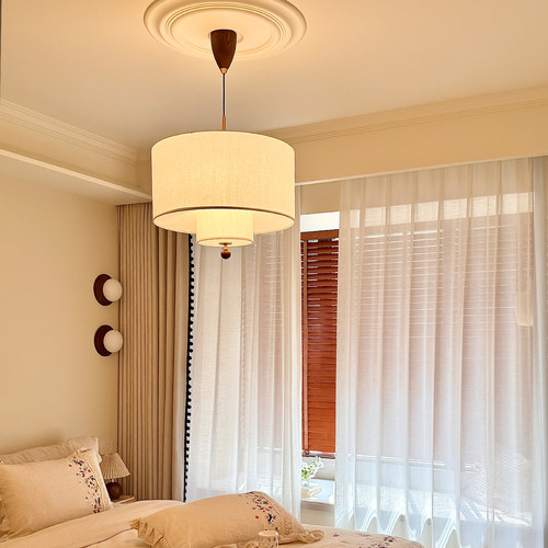 旭呈新款法式中古卧室吊灯主卧餐厅灯主灯复古奶油风日式布艺灯具
