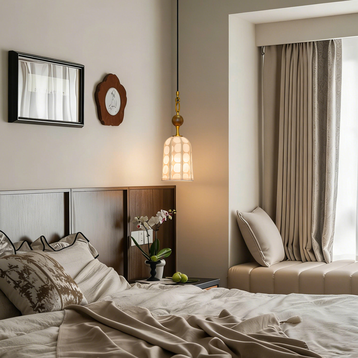 旭呈法式复古卧室床头小吊灯布艺美式客厅玄关中古风主卧吊线灯具