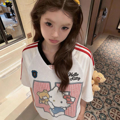 日本SHORPE复古kitty猫印花短袖T恤女新款网眼运动休闲球服上衣