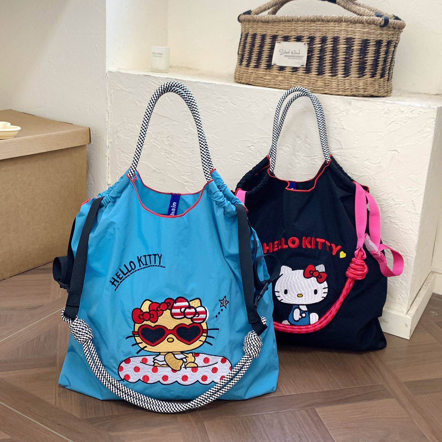 日本SHORPE可爱HelloKitty刺绣购物袋大容量百搭环保袋单肩斜挎包