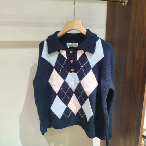 学院风菱格纹针织衫女Polo领撞色毛衣复古慵懒风上衣