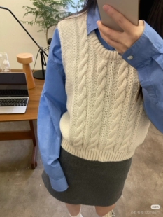 2025年新款韩系百搭叠穿针织马甲女春季宽松百搭白色麻花无袖背心
