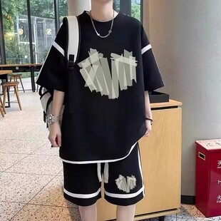 夏季休闲套装男加肥加大码冰丝短袖t恤青少年学生宽松运动五分裤