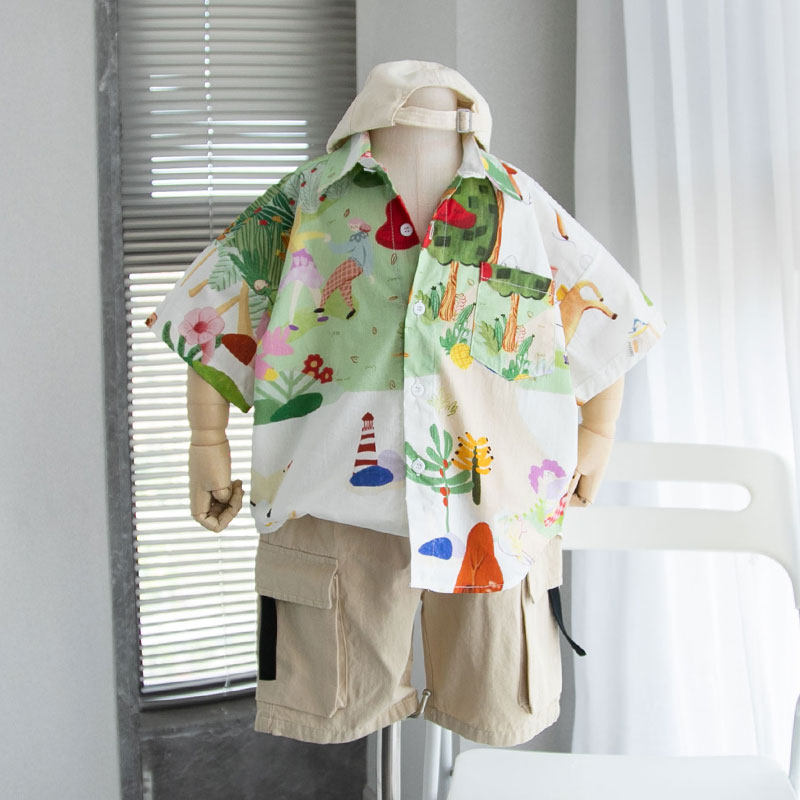 儿童花衬衫男童女童短袖衬衣中小童洋气宽松纯棉薄款衬衣夏装潮