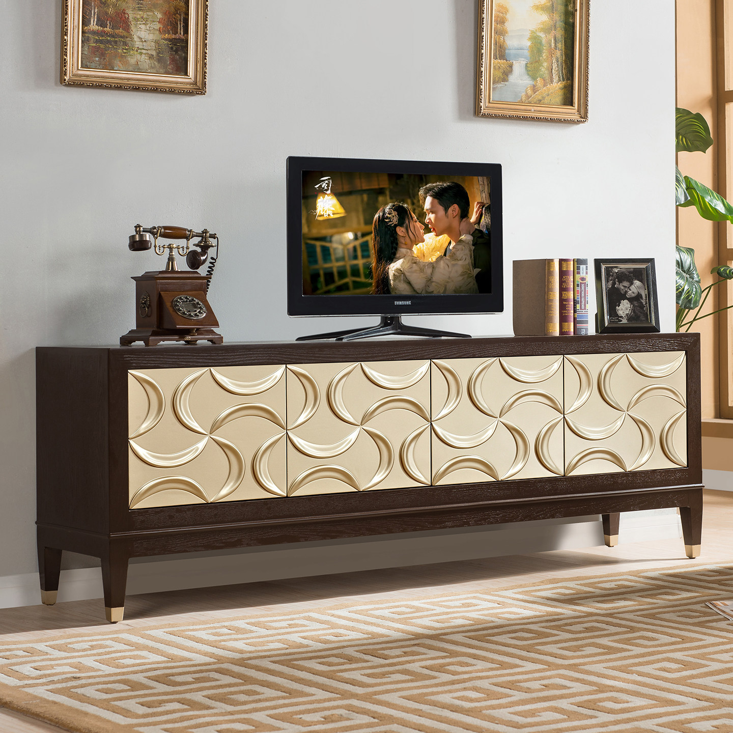 新古典后现代电视柜茶几组合美式雕刻装饰柜小户型客厅家具视听柜