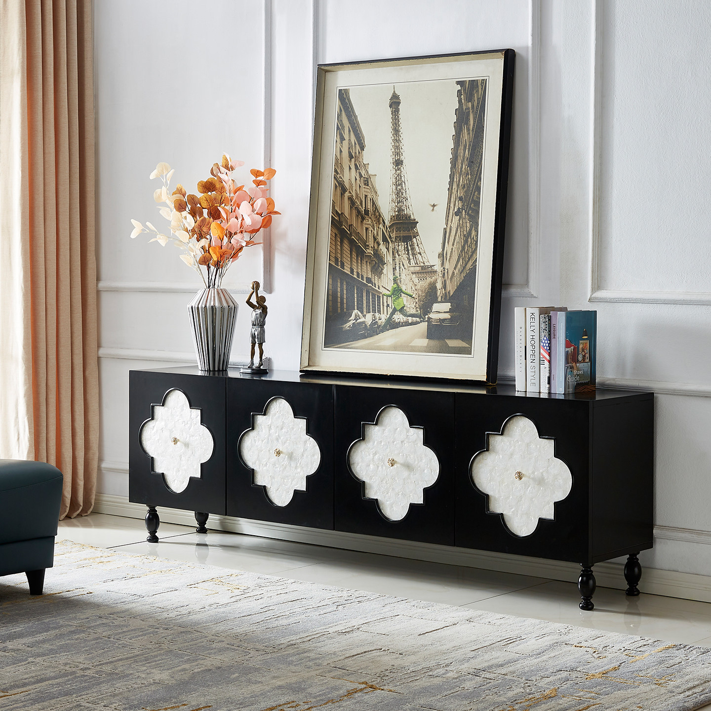 美式复古电视柜客厅矮柜法式新古典贝壳装饰柜高款实木轻奢视听柜