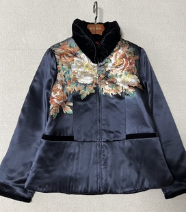 真絲緞面中國(guó)風(fēng)夾棉保暖外套中式 高端桑蠶絲手繪棉服女秋冬季 上衣