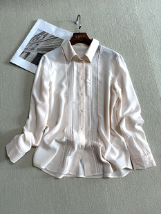 孤品~桑蚕丝真丝双绉纯色长袖衬衣气质优雅飘带蕾丝衬衫上衣女装