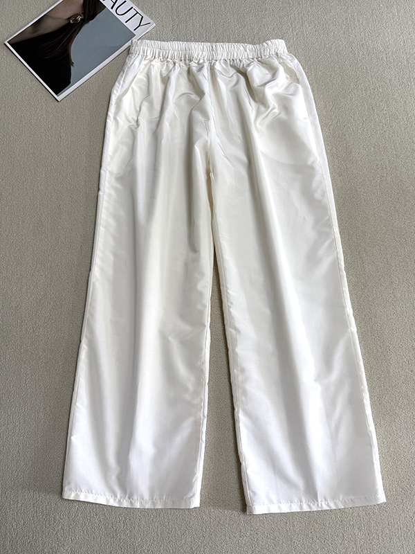 桑蚕丝白色直筒裤真丝棉混纺高腰休闲裤子松紧腰围百搭女夏款长裤