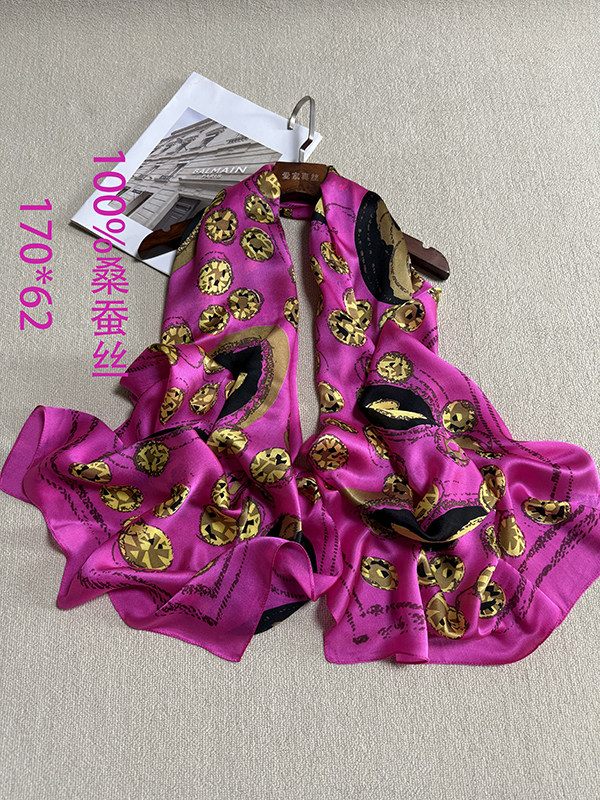 纯桑蚕丝围巾 丝绸薄款真丝长巾玫红印花长方形丝巾 百搭欧美风