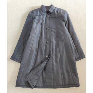 日单轻薄保暖真丝纯色百搭棉服中长款冬季桑蚕丝黑色大衣外套