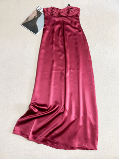 夏季真丝时尚高腰拖地连衣裙优雅宴会晚礼服桑蚕丝纯色抹胸长裙