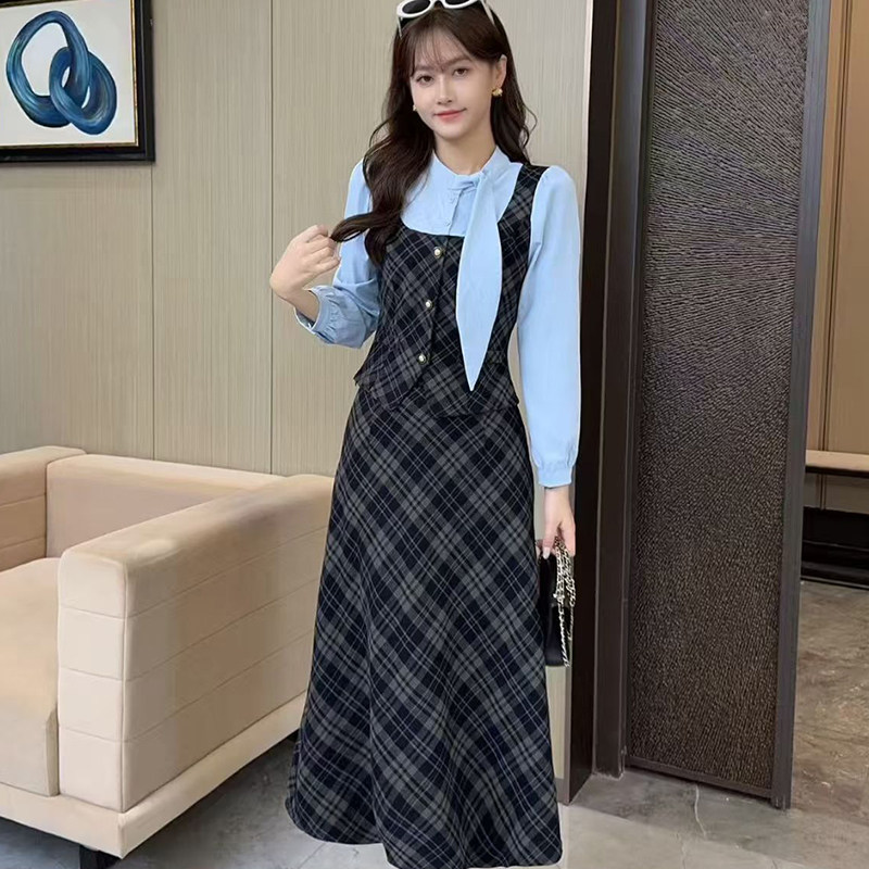 秋季女装套装格子长袖拼接上衣