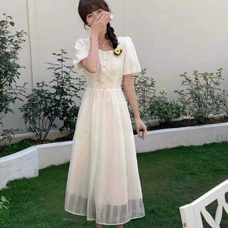 泡泡袖长裙收腰显瘦方领女款优雅