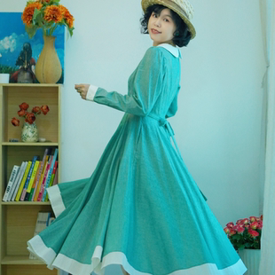 秋季法式日常极简风长袖A字大摆裙百搭娃娃领连衣裙格子长裙